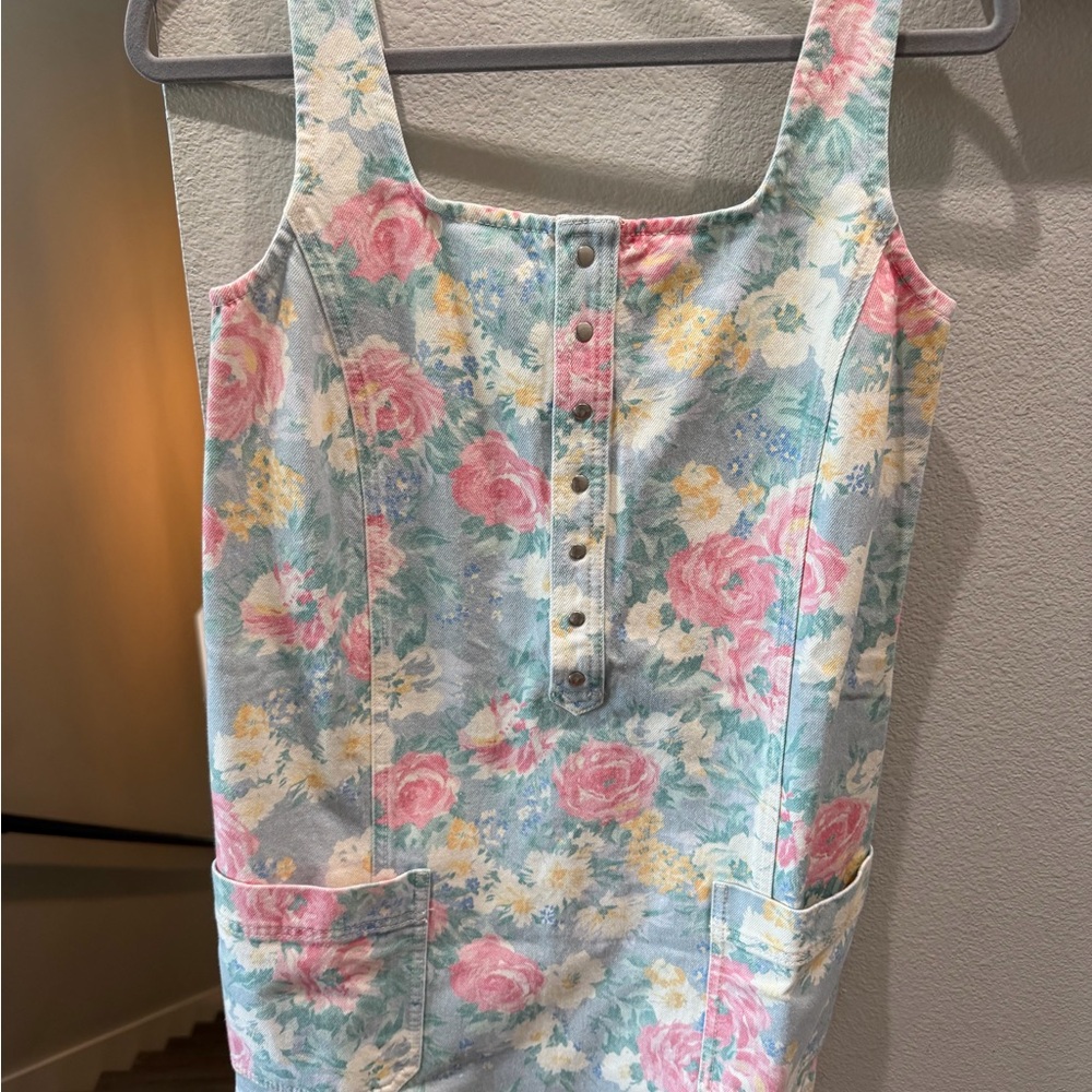 Sezane denim floral sundress in pastel blue, pink, green